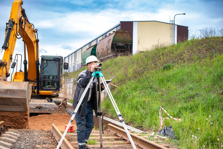 A man in a hard hat is capturing a picture of a busy construction site with various machinery and workers.の写真素材