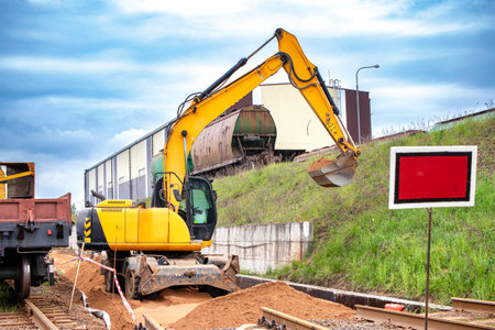 A yellow and black excavator next to a red and white sign, ready for construction work.の写真素材