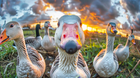 A group of ducks standing together on a grassy field.の素材