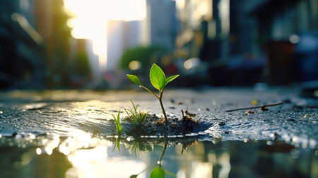 A small plant is seen sprouting from the asphalt on a city street, symbolizing natures resilience in an urban environment.の素材