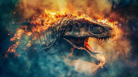 A massive, roaring dinosaur releasing flames from its open mouth.の素材