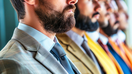 A row of office workers in formal business attire, standing in a line with suits and ties.の素材