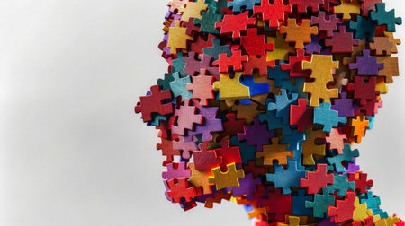 A persons head creatively crafted using colorful puzzle pieces, forming a mosaic-like structure.の素材