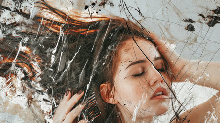 Close up of a woman with wet hair, showcasing hair care and styling.の素材