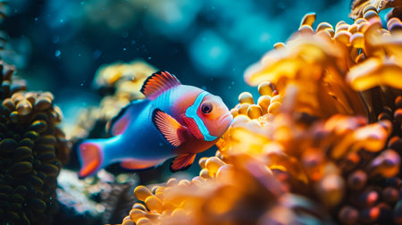 A bright orange and blue clown fish swims gracefully in an aquarium filled with coral reefs and tropical surroundings.の素材