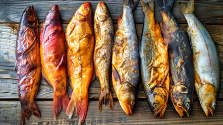 A photo showcasing a variety of smoked fish neatly arranged on top of a wooden tray.の素材