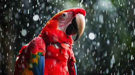A vibrant red macaw parrot standing in the rain in the lush rainforest.の素材