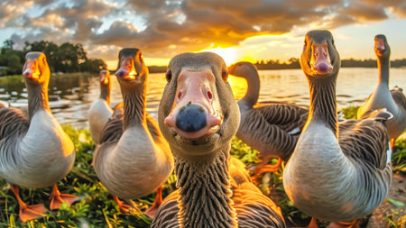A group of ducks gathered together on top of a lush green grass field.の素材