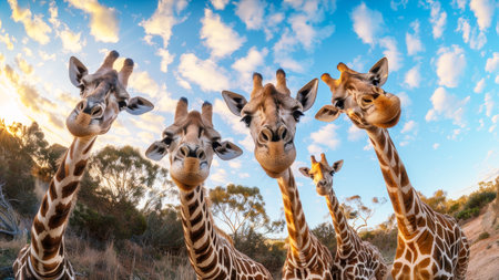 A group of elegant giraffes stands gracefully next to each other in a synchronized display of beauty and harmony.の素材