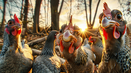 A group of chickens standing side by side in a row.の素材
