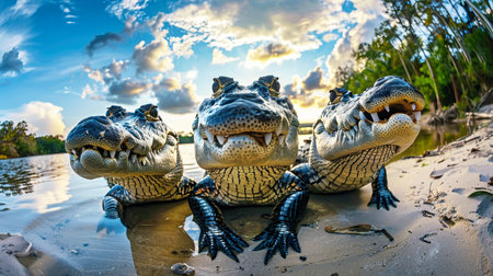 Multiple alligators are seen sitting on top of a sandy beach.の素材