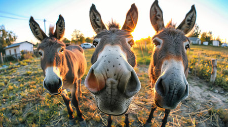A group of donkeys are standing in a field, grazing and enjoying the open space under the sun.の素材