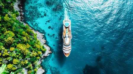 A boat navigates through the tropical bay, surrounded by calm waters and clear skies.の素材