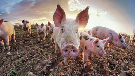 Several pigs are standing on a dry grass field, looking around.の素材