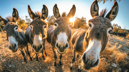 Three donkeys are standing in a field as the sun sets, casting a warm glow over the landscape.の素材