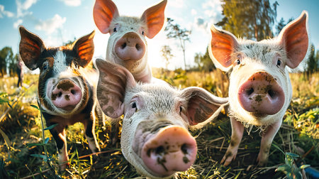 A group of pigs are standing on top of a dirt field, exhibiting typical behavior in their natural habitat.の素材