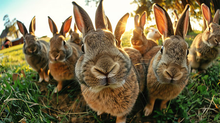 Numerous rabbits sitting atop vibrant green grass in a field.の素材