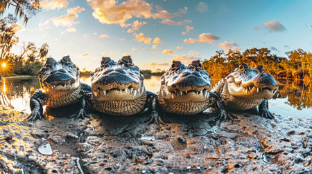 Group of alligators sitting on sandy beach.の素材