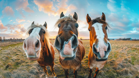 A splendid group of horses stands elegantly on a lush grass-covered field under the bright sun.の素材