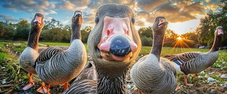 A cluster of geese standing on a green grass field under a clear sky.の素材