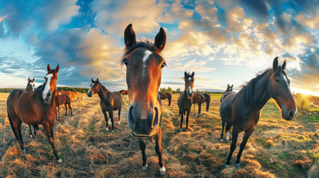 A group of horses standing gracefully atop a lush green field, soaking in the beauty of their surroundings.の素材
