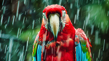 A vibrant macaw parrot is standing in the rain in the lush rainforest.の素材