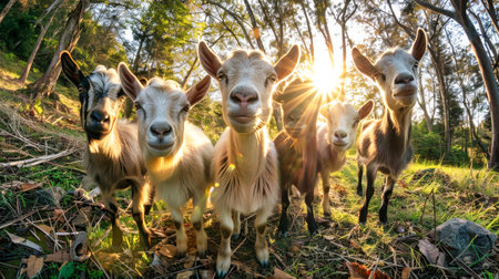 A herd of goats gracefully standing on top of a lush grass-covered field.の素材