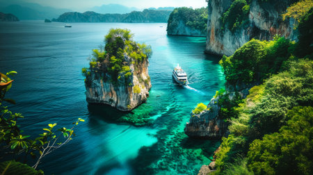 A boat cruises through a bay surrounded by towering mountains in the tropics.の素材