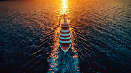 A massive cruise ship sailing through a vast body of water, dominating the scene with its size and presence.の素材