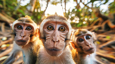 Group of monkeys perched on sandy beach, observing their surroundings.の素材