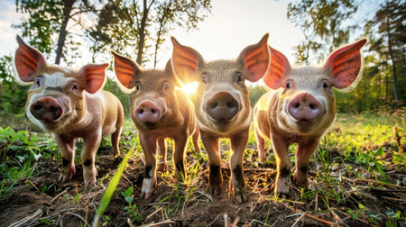 A group of pigs standing on top of a dry grass field in the countryside.の素材