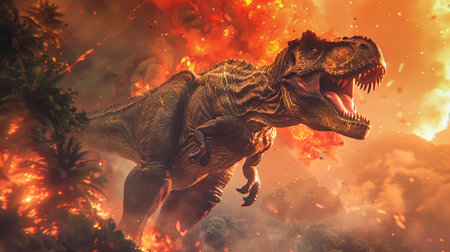 A large dinosaur is positioned in the center of a ring of intense flames, creating a striking and dangerous scene.の素材