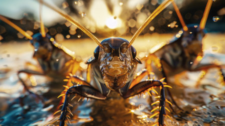 Detailed view of a cockroach crawling on the ground.の素材