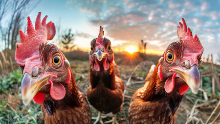 A group of chickens standing closely next to each other in a farmyard, displaying social behavior.の素材