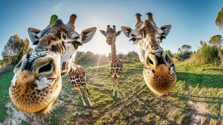 Two graceful giraffes tower above the field, their long necks and spotted coats striking against the green landscape.の素材