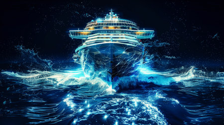 A large cruise ship floating on top of a body of water, moving gracefully through the waves.の素材