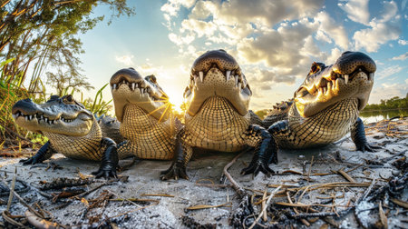 Multiple crocodiles sitting on the sandy beach under the sun.の素材