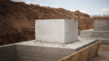 Monolithic reinforced concrete foundations for the construction of a large building. Grillage at the construction site. Construction pit with foundation. close-up View from above.の写真素材