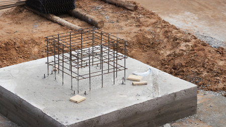 Reinforced concrete blocks are being carefully arranged and laid out on a bustling construction...