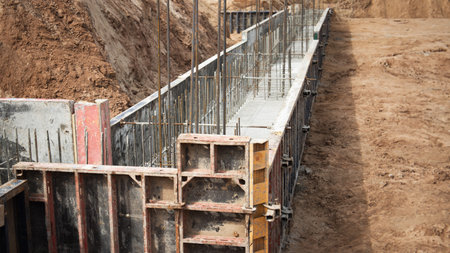 Building strong foundations with reinforced concrete and steel bars at the bustling construction...