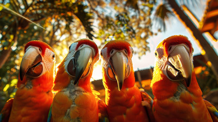 A group of vibrant parrots perched on the branches of a tree.の素材