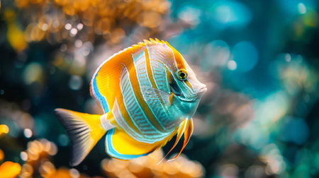 A colorful tropical fish gracefully swims among vibrant coral in the sea.の素材