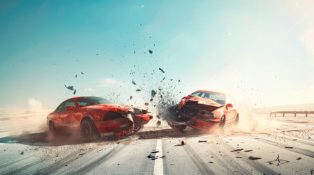 Two cars stand still in the middle of the road after a collision, creating a tense and dramatic scene.の素材
