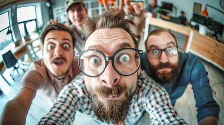 A group of funny, friendly, and happy managers standing closely together, exuding camaraderie and warmth.の素材