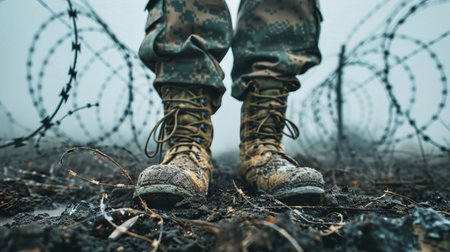 A pair of military boots stands stoically in front of a barbed wire boundary.の素材