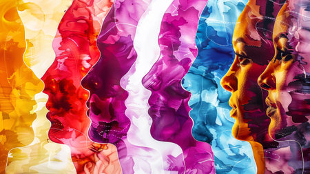 A mesmerizing painting capturing a womans face in a kaleidoscope of vivid colors, expressing a range of emotions and personalities.の素材