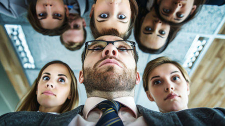 A group of funny, friendly, and happy managers standing in front of a mirror, admiring their reflections with smiles.の素材