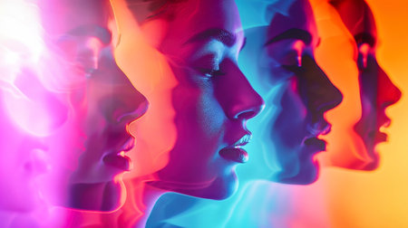 A dynamic group of silhouettes move gracefully against a vibrant multicolored background, creating a mesmerizing visual experience.の素材