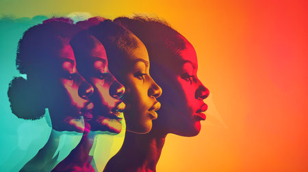 Two women with colorful hair in silhouette, standing back to back against a vibrant backdrop, exuding creativity and individuality.の素材