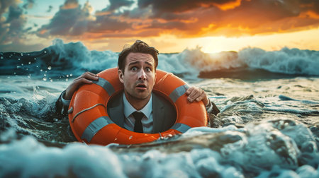 A businessman wearing a business suit floats in the ocean wearing a life jacket, showcasing resilience and survival.の素材